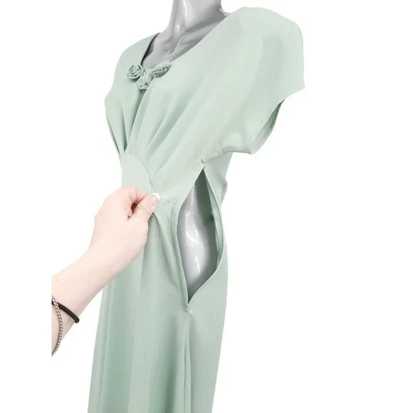 VTG 90s CDC Sage Green Short Sleeve Empire Waist Midi Dress Size 4 Pleated Roses - Picture 5 of 8